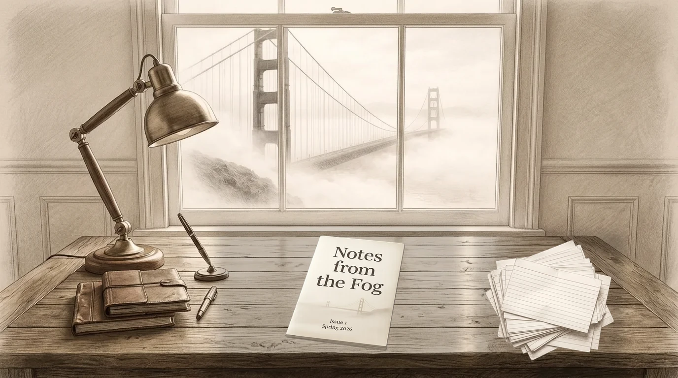 An illustrated desk with a leather growth kit case, a journal titled Notes from the Fog, and a pile of drafts sitting flat on the wood surface.