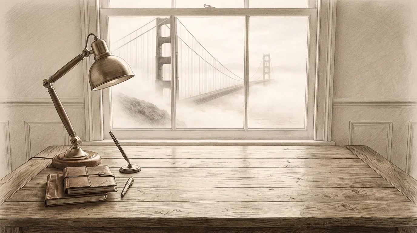 An illustrated desk with a leather growth kit case, a journal titled Notes from the Fog, and a pile of drafts sitting flat on the wood surface.
